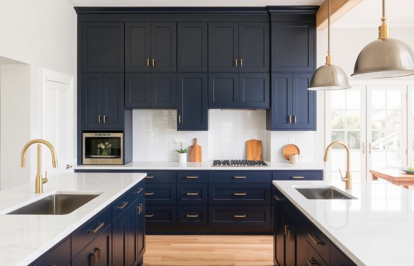 Navy kitchen with quartz island and brass taps