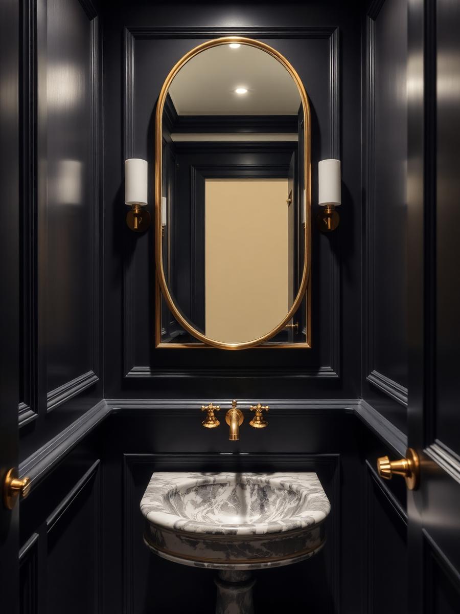 Dark panelled cloakroom with marble basin and brass tap